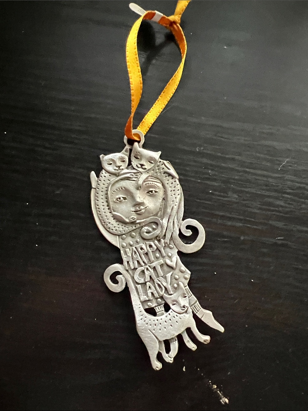 Don Drumm Happy Cat Lady Silver Ornament with Yellow Ribbon